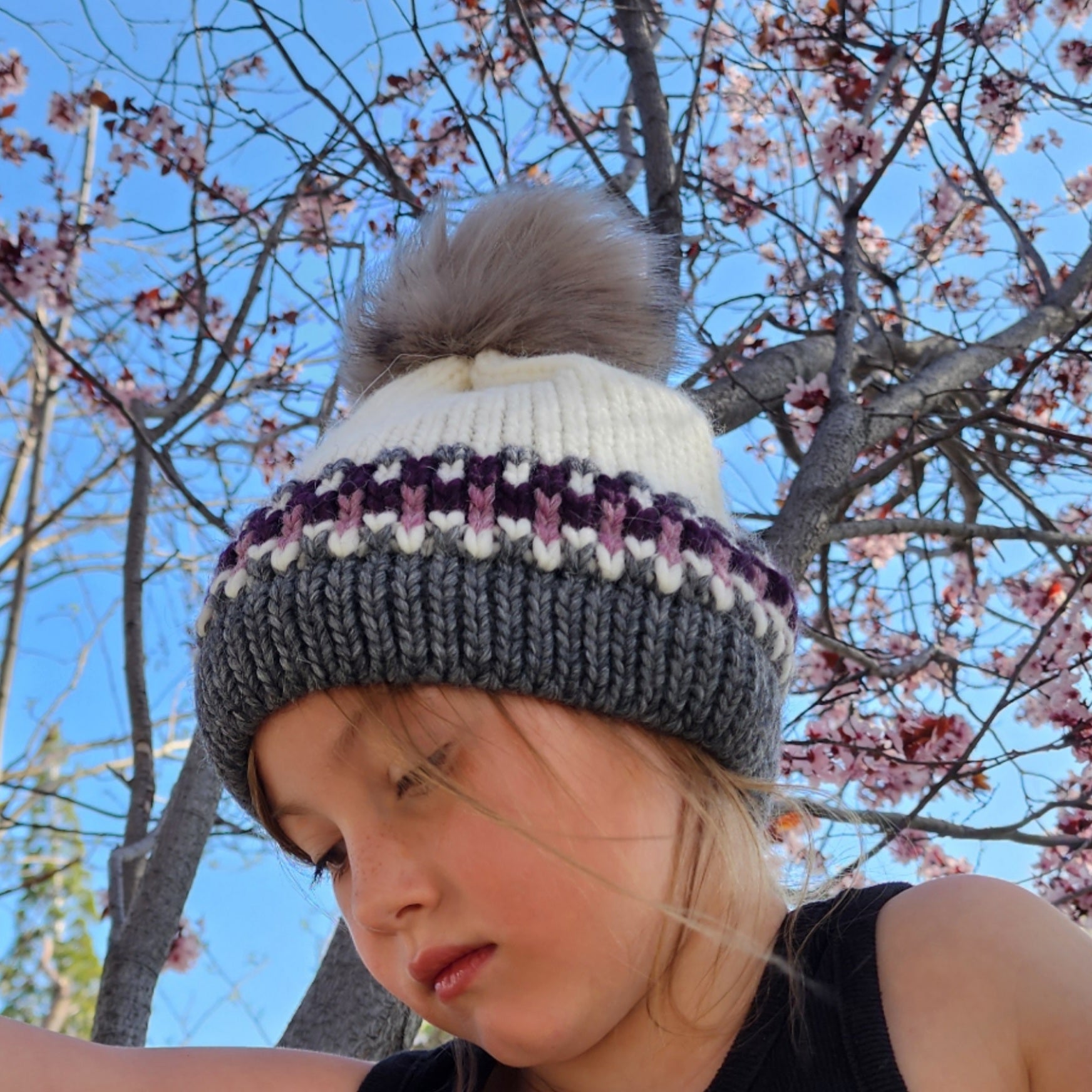 Gelso Bianco Crochet Faux Fur Pompom Beanie White and Lilac