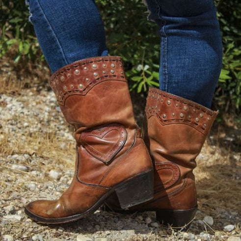 Women's Brown Leather Heart Cowgirl Boots