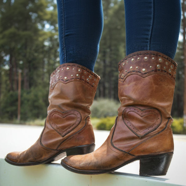 Women's Brown Leather Heart Cowgirl Boots