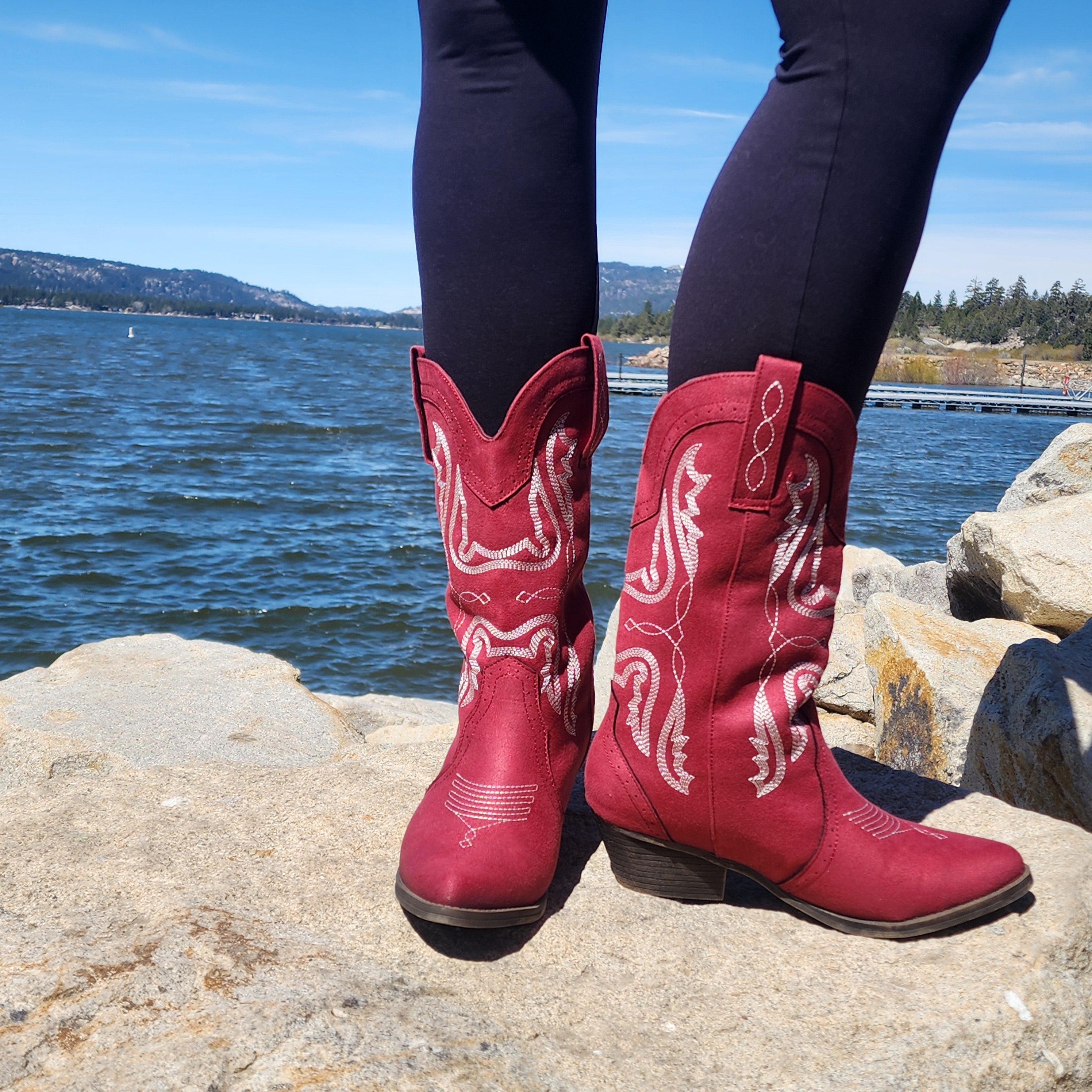True Craft Tammy Red Western Cowboy Boots Mid Calf Embroidered Cowgirl Boots New