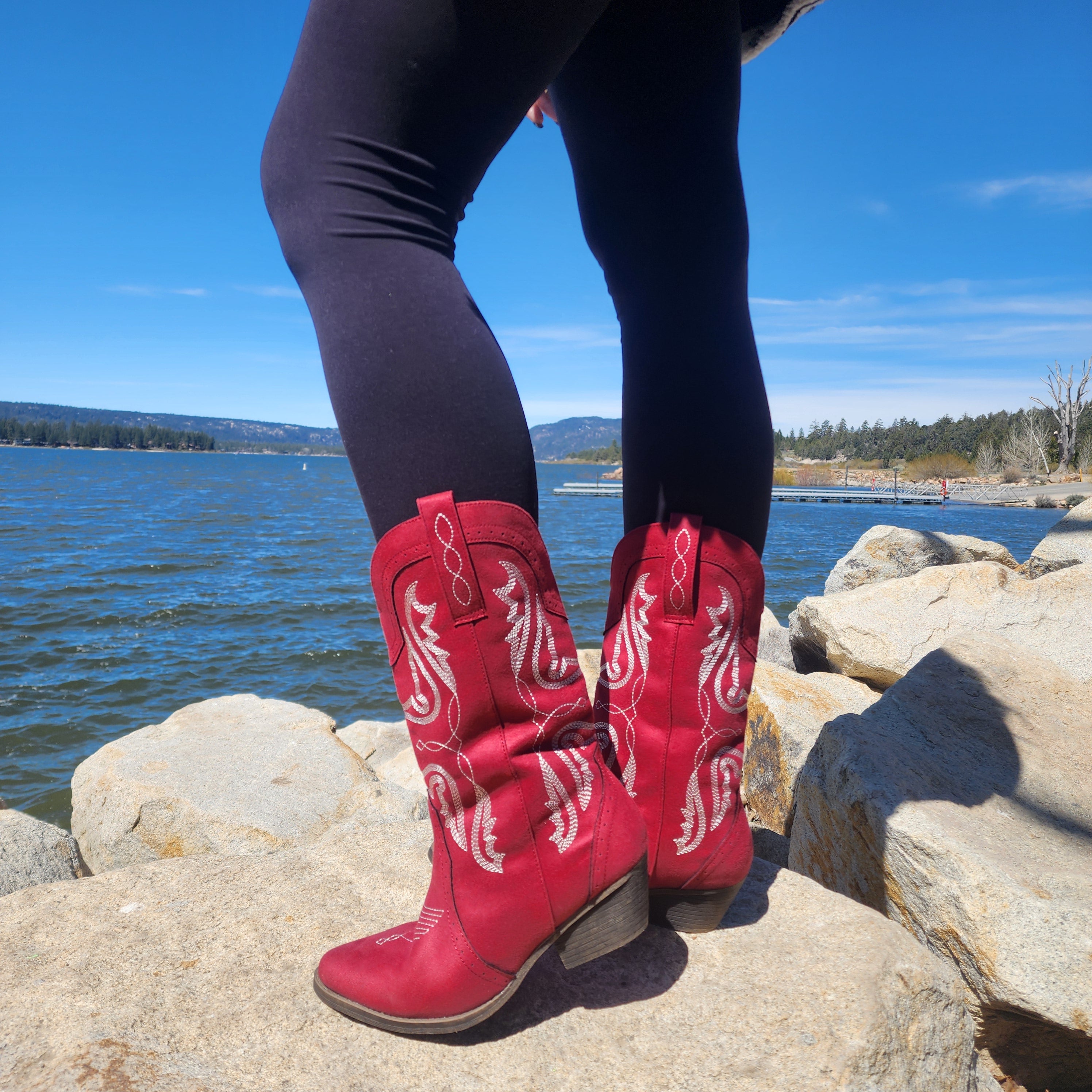 True Craft Tammy Red Western Cowboy Boots Mid Calf Embroidered Cowgirl Boots New