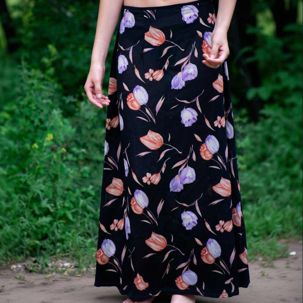 Sheer Black Skirt with Light Orange and Light Purple Floral Design