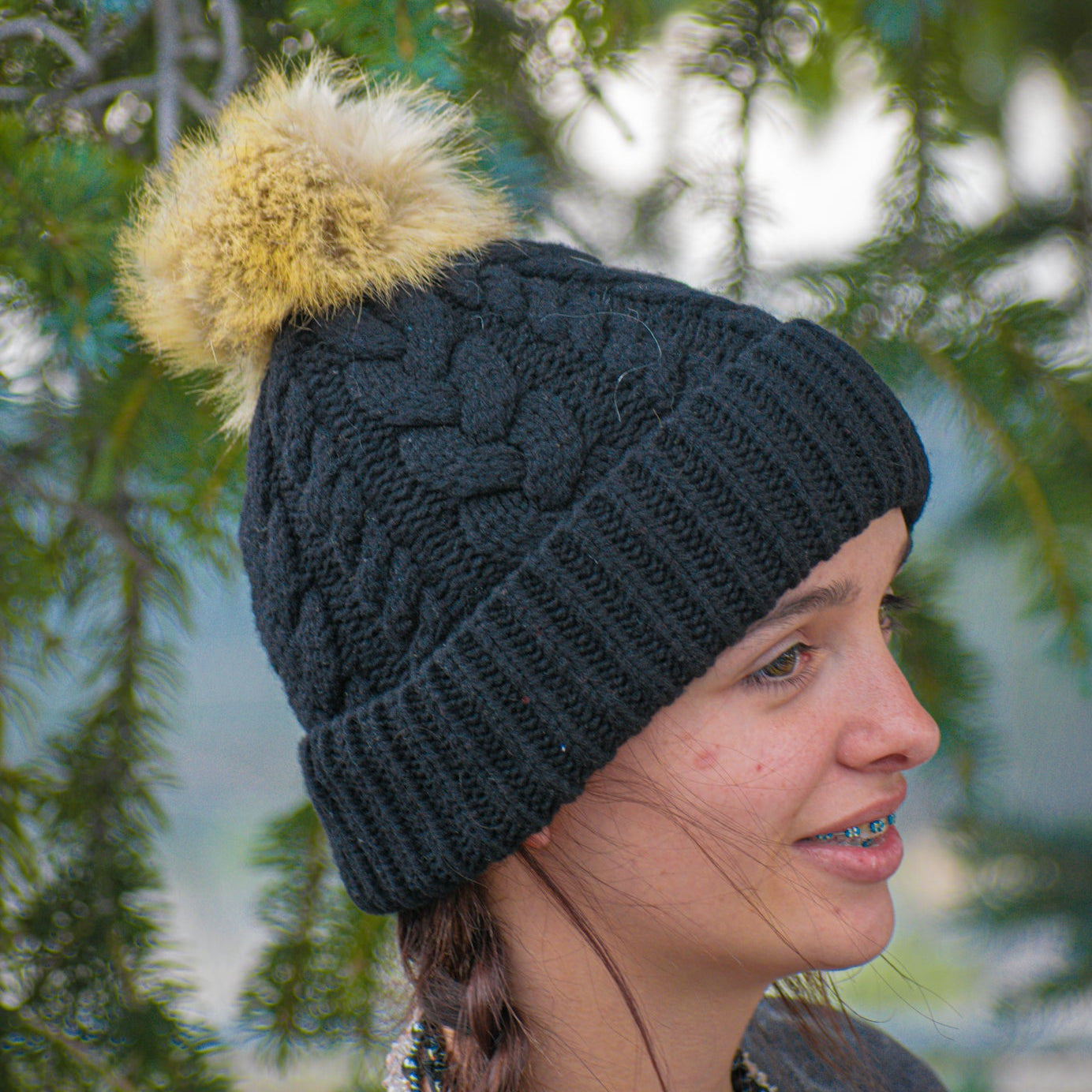 Cable Knit Lambswool Pendleton Beanie with Puff