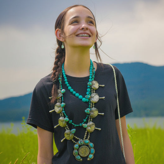 Vintage Native American Navajo Turquoise Sterling Silver Squash Blossom Necklace