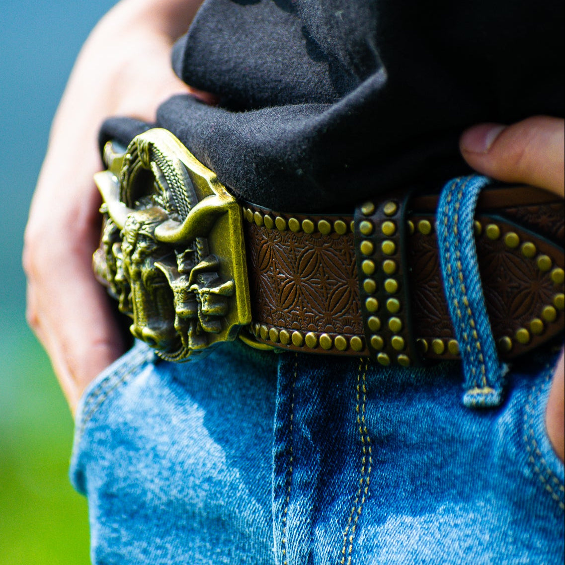 Premium Bull Horn Buckle with 47" Coffee Brown Leather Belt