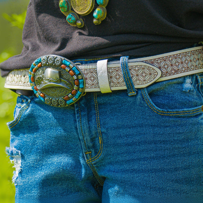 Western Cowboy Hat-themed Belt Buckle on a Engraved White Leather Belt Band