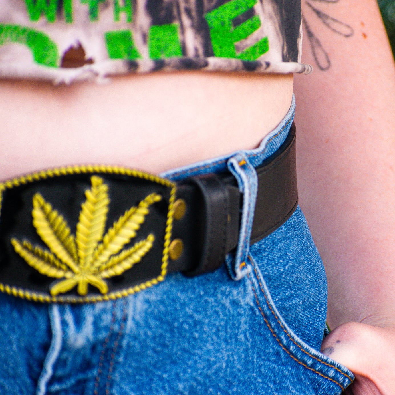 Golden Marijuana Leaf Buckle Black Leather Belt
