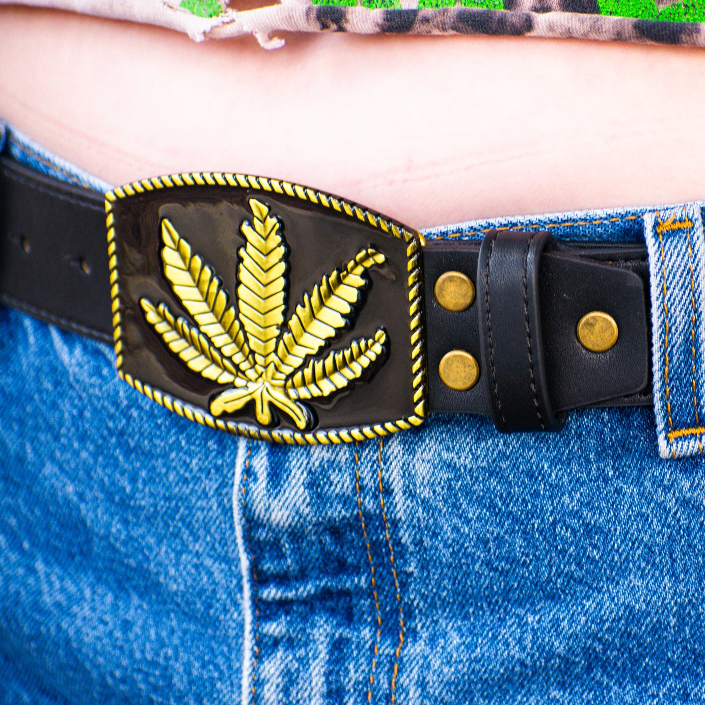 Golden Marijuana Leaf Buckle Black Leather Belt