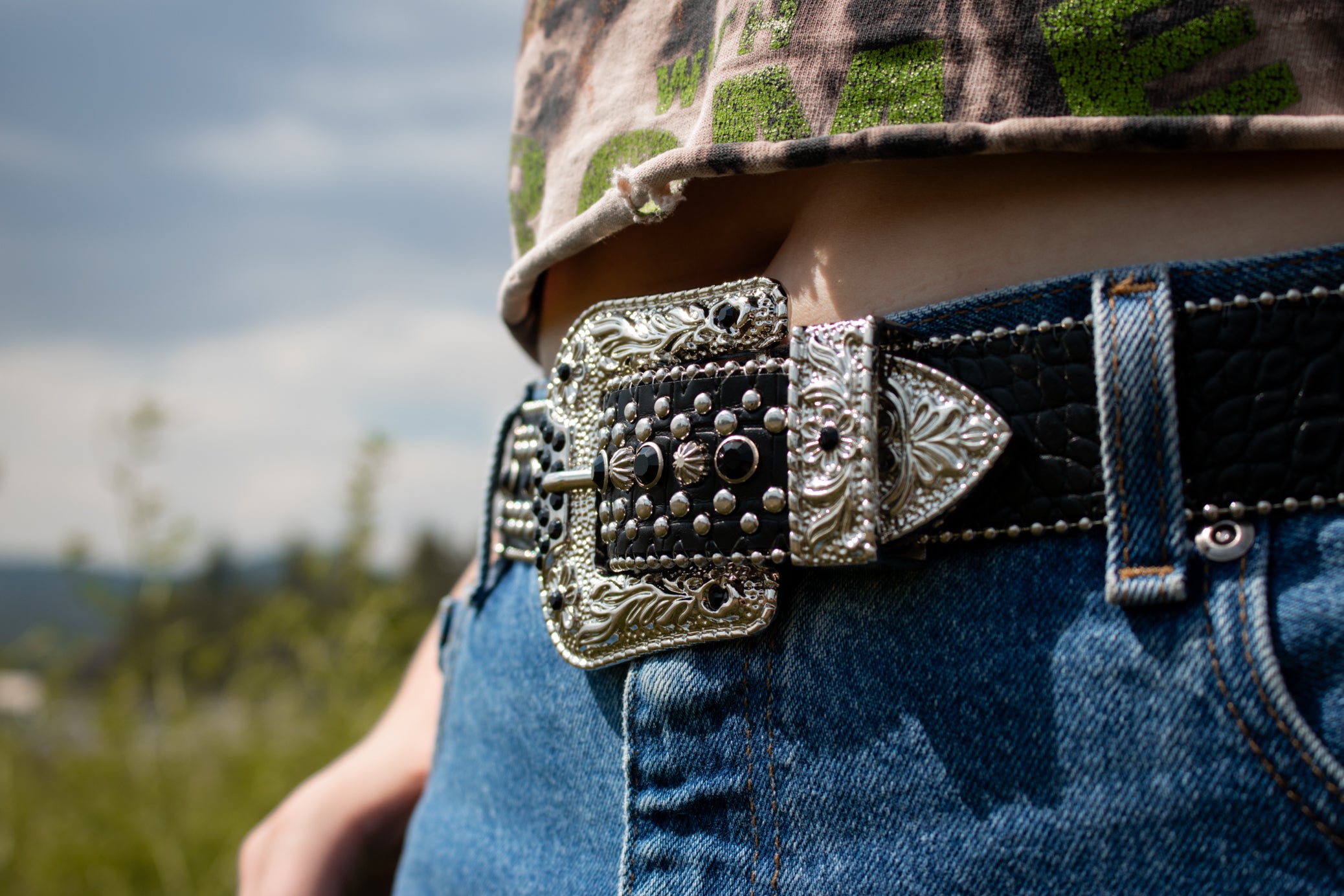 Black leather and Rhinestone Belt