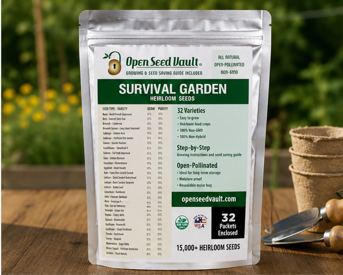 Open Seed Vault Survival Garden heirloom seed collection featuring over 15,000 non-GMO seeds across 32 vegetable, fruit, and herb varieties packaged in a resealable mylar storage pouch for gardening and emergency preparedness.