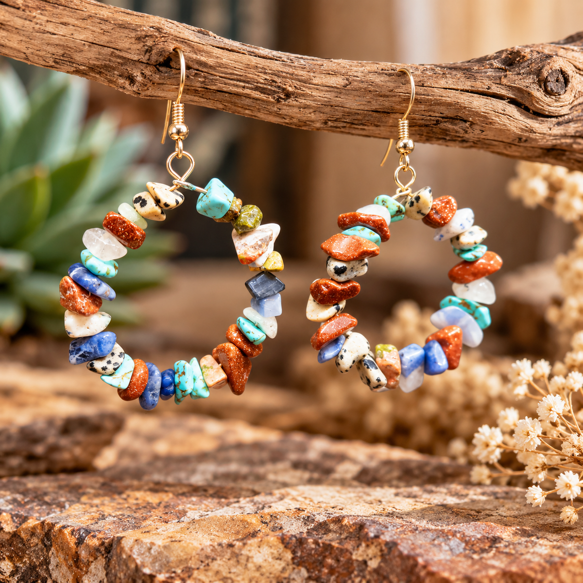 Boho Multicolor Gemstone Chip Hoop Earrings