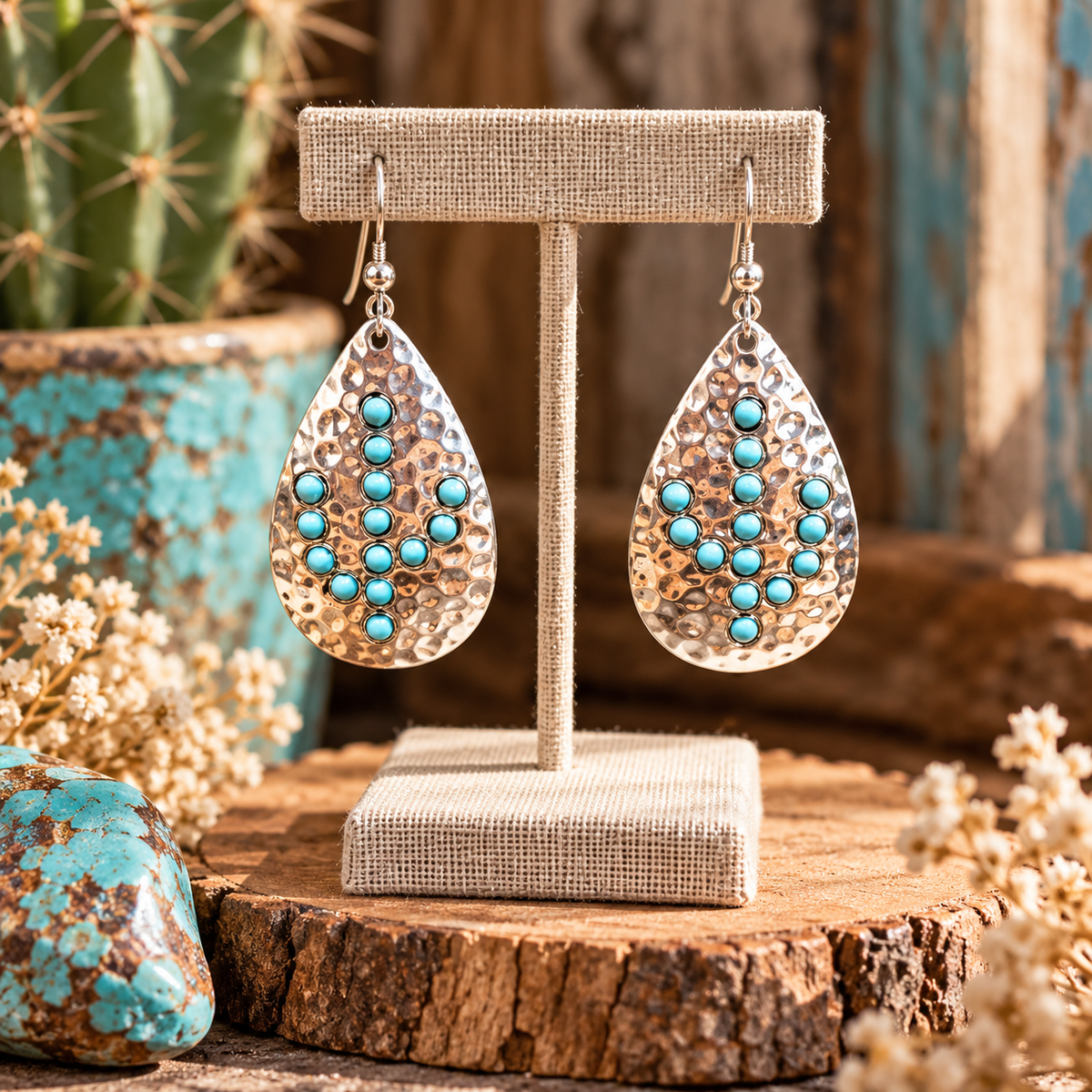 Hammered Teardrop With Turquoise-colored Cactus Earrings