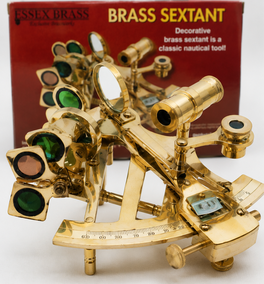 Essex Brass decorative brass sextant in original box, featuring a classic nautical navigation instrument design with brass construction and detailed maritime styling.