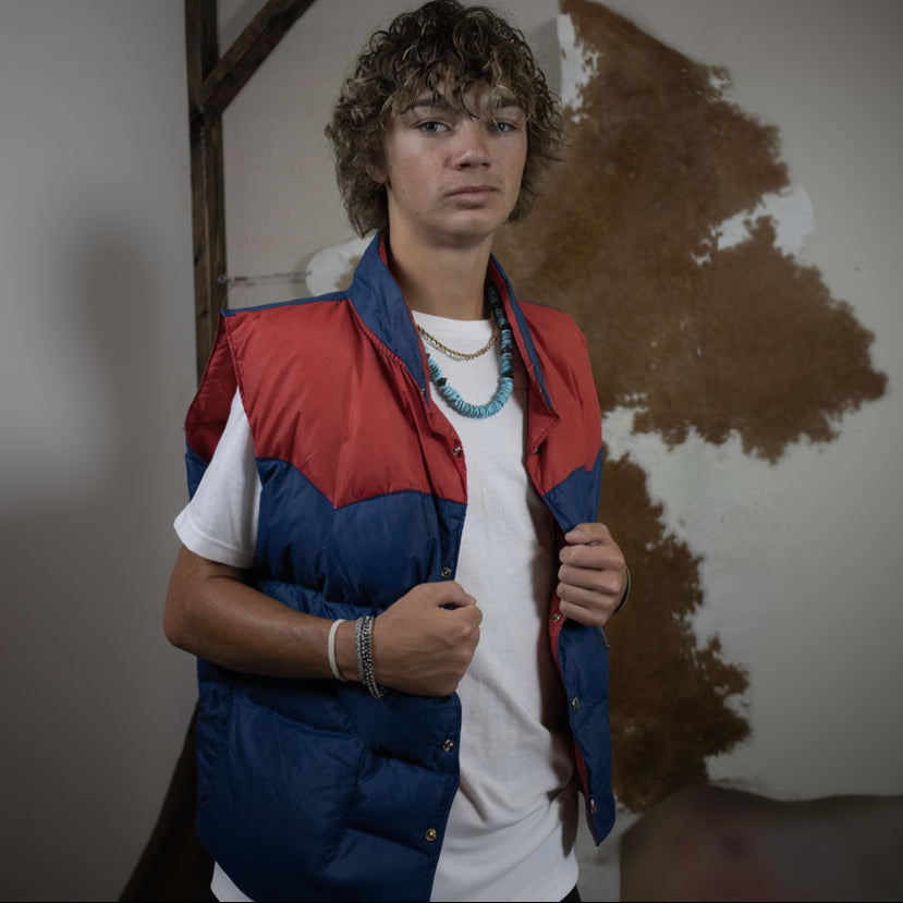 Vintage 80's Button-Up Blue & Red Nylon Down Puffer Vest