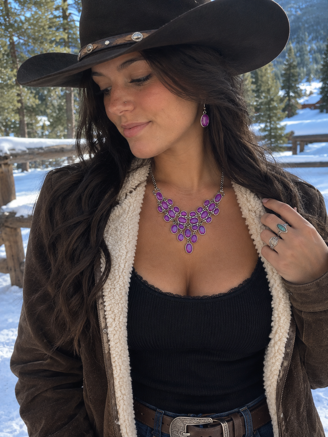 Purple Stone Necklace and Earrings Set