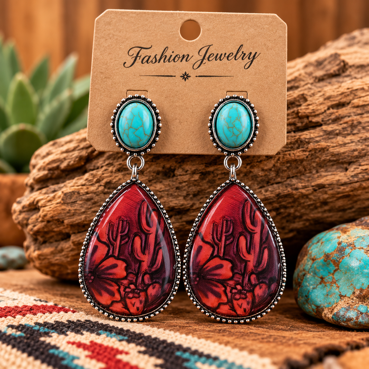 Southwestern Cactus Print Teardrop Dangle Earrings