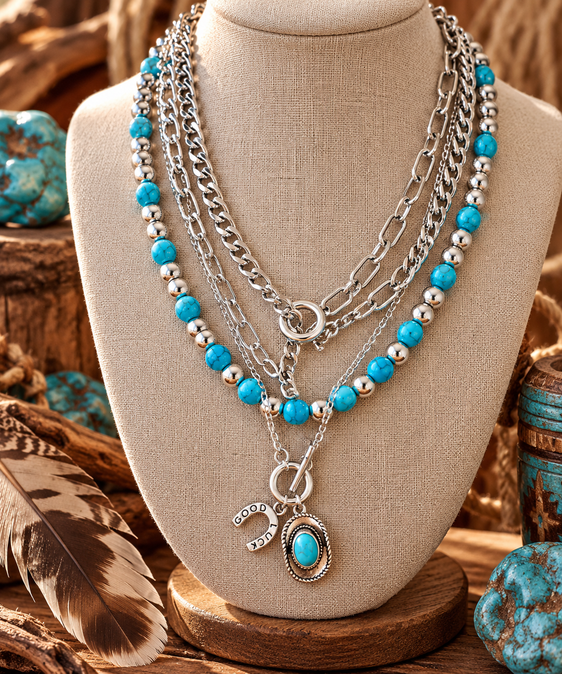 Southwestern Turquoise-Style 4-Layer Necklace Set – Silver-Tone