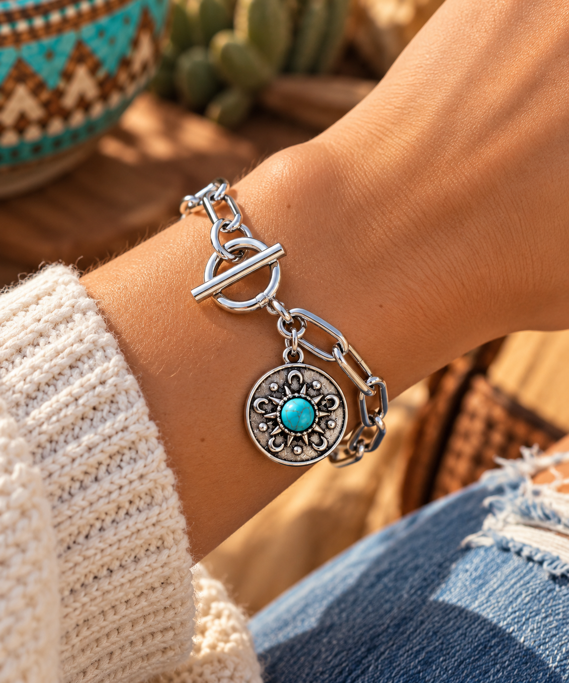 Silver-Tone Western Link Bracelet with Turquoise Medallion Charm