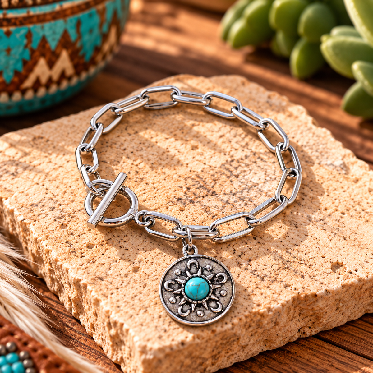 Silver-Tone Western Link Bracelet with Turquoise Medallion Charm