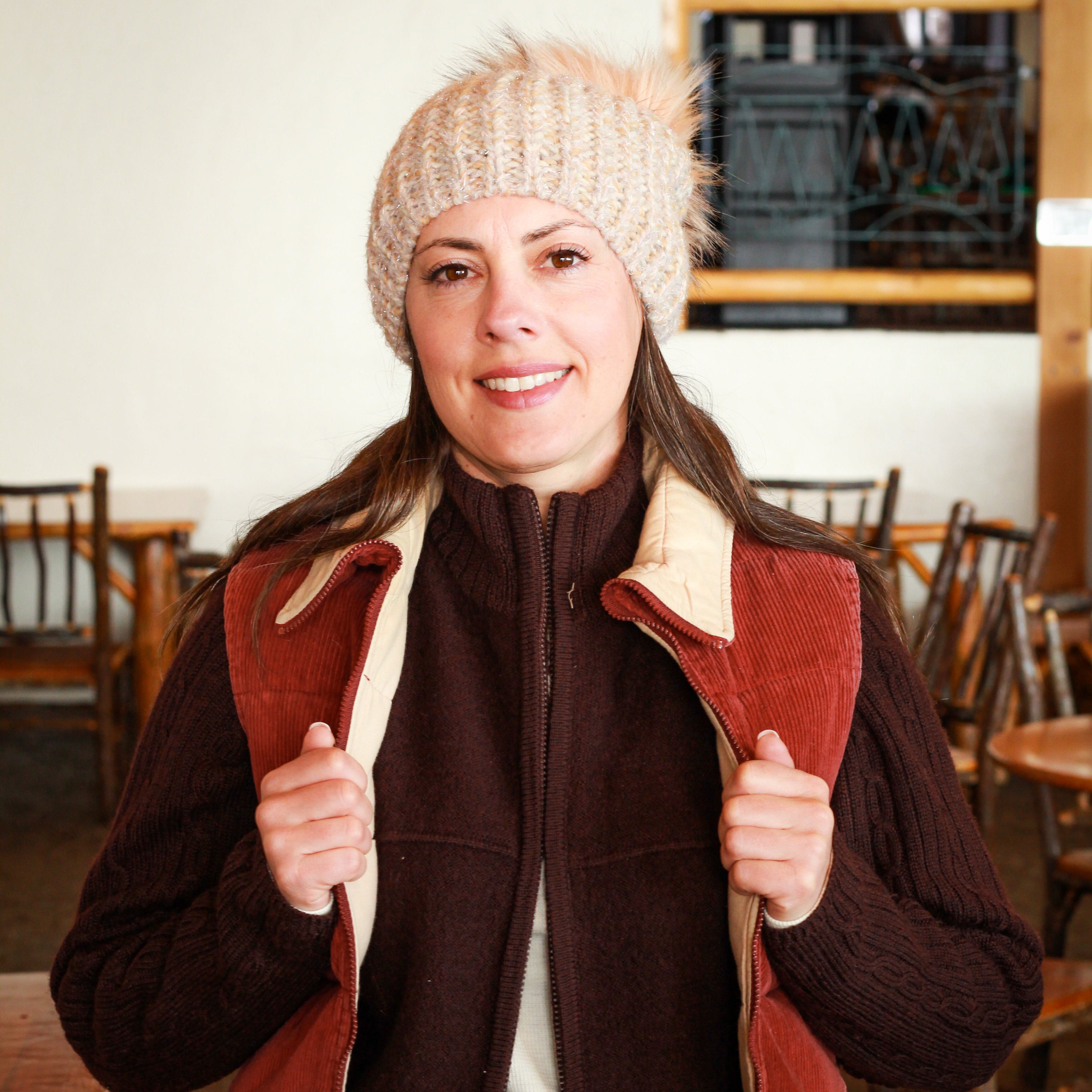 Stit Estro Lurex Melangle Faux Fur Pompom Beanie Color Tan