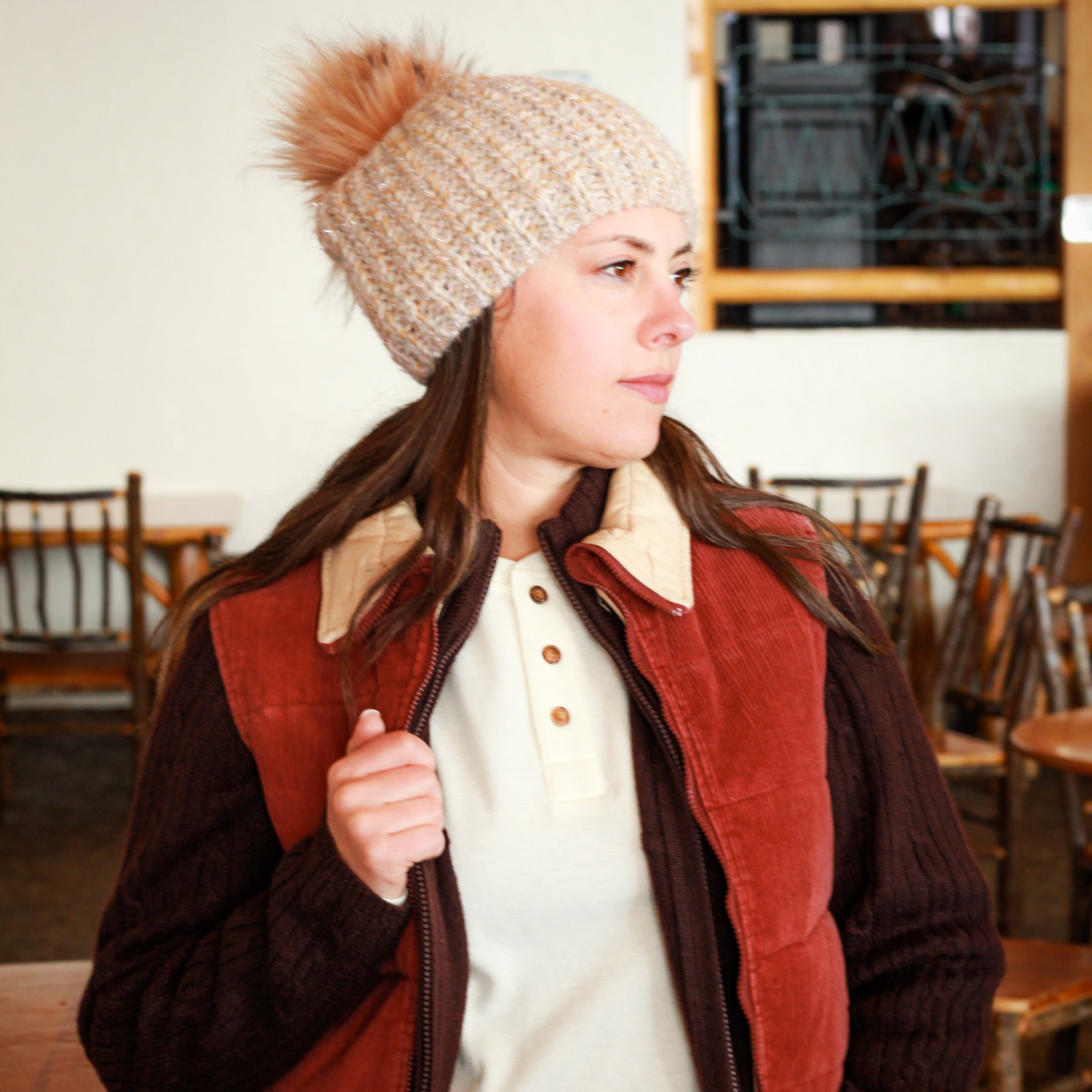 Stit Estro Lurex Melangle Faux Fur Pompom Beanie Color Tan