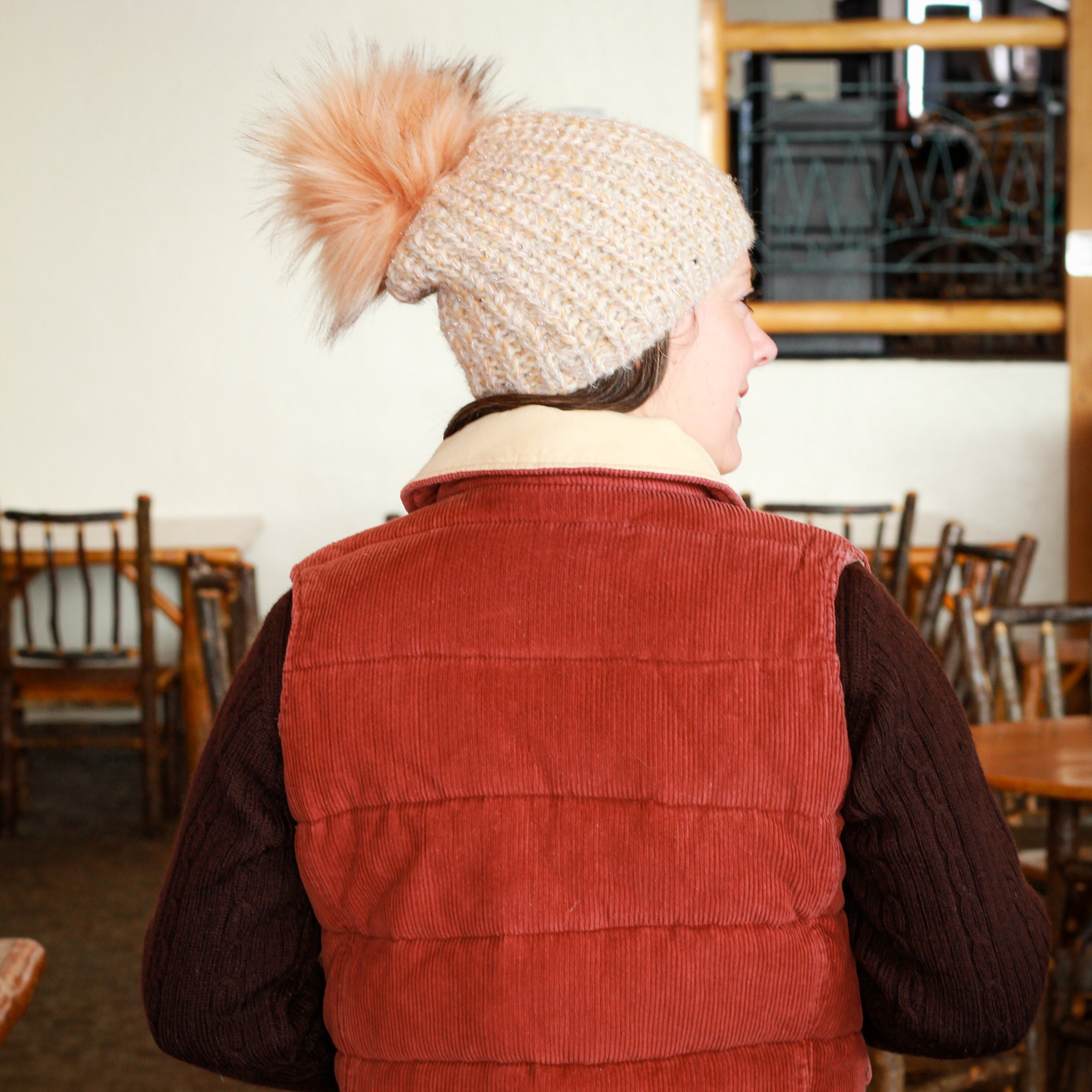 Stit Estro Lurex Melangle Faux Fur Pompom Beanie Color Tan