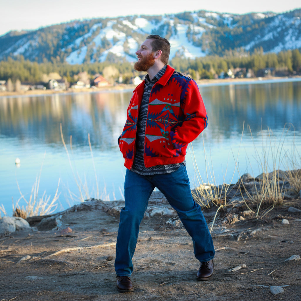 pendleton aztec wool jacket large red western made in usa zip up coat