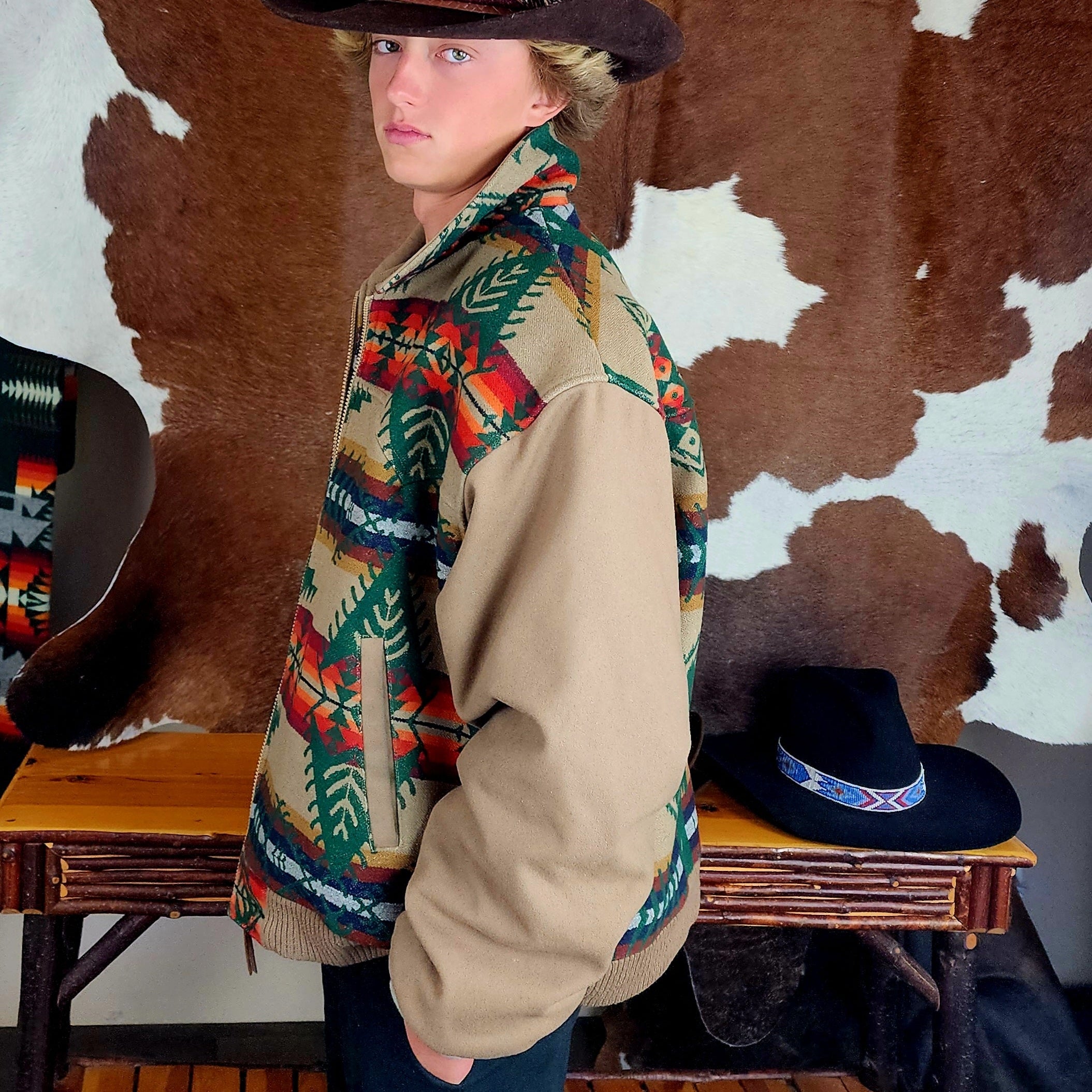 Pendleton Western Jacket XL Wool Blend Aztec Coat Tan Southwestern Zip Up