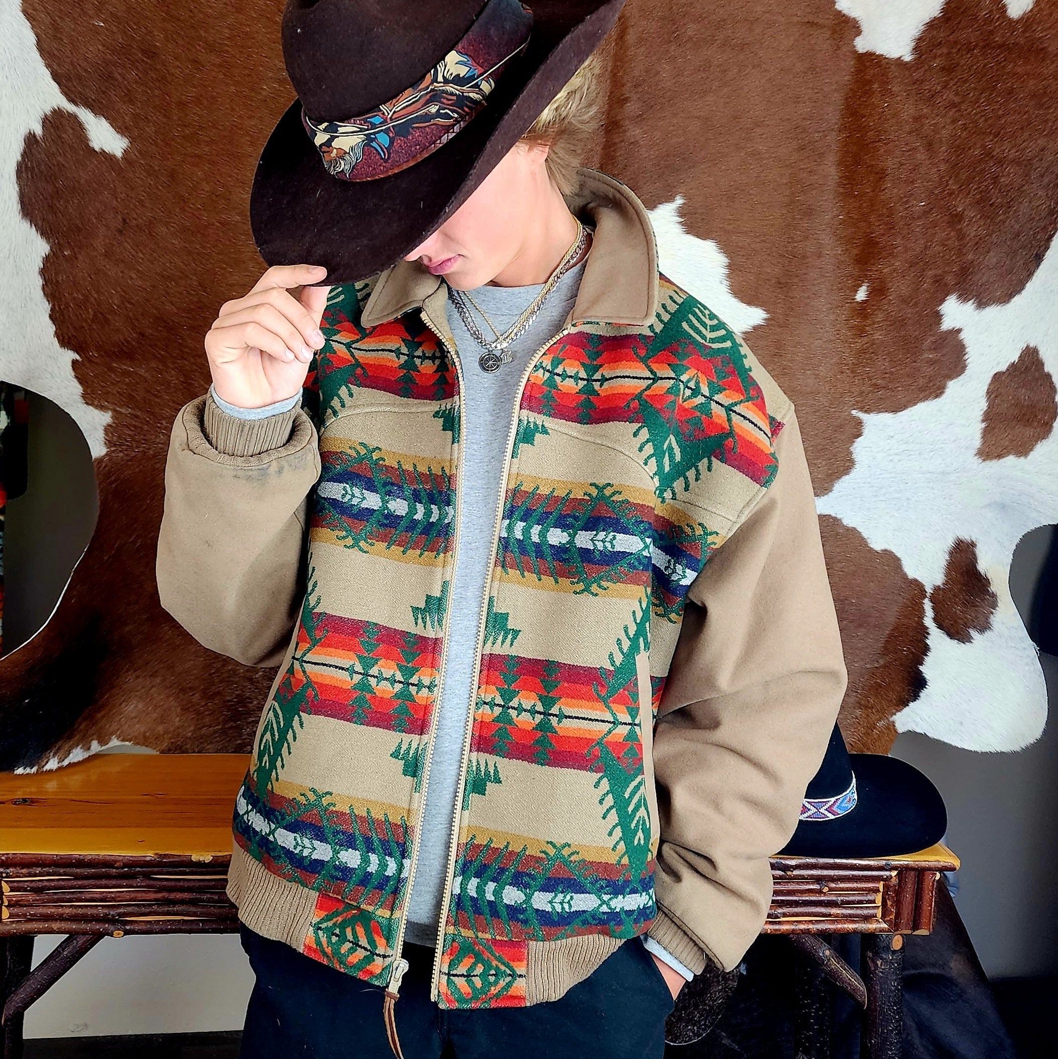 Pendleton Western Jacket XL Wool Blend Aztec Coat Tan Southwestern Zip Up