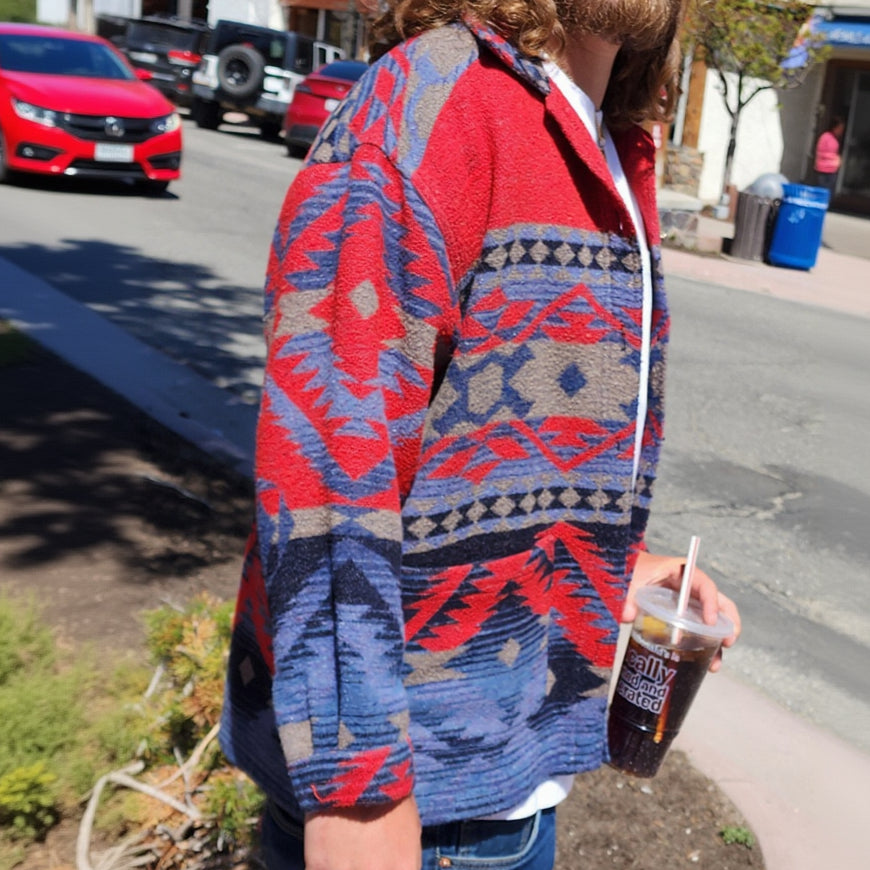 Wool Blanket Jacket Southwest Print Color Grey, Blue, & Red