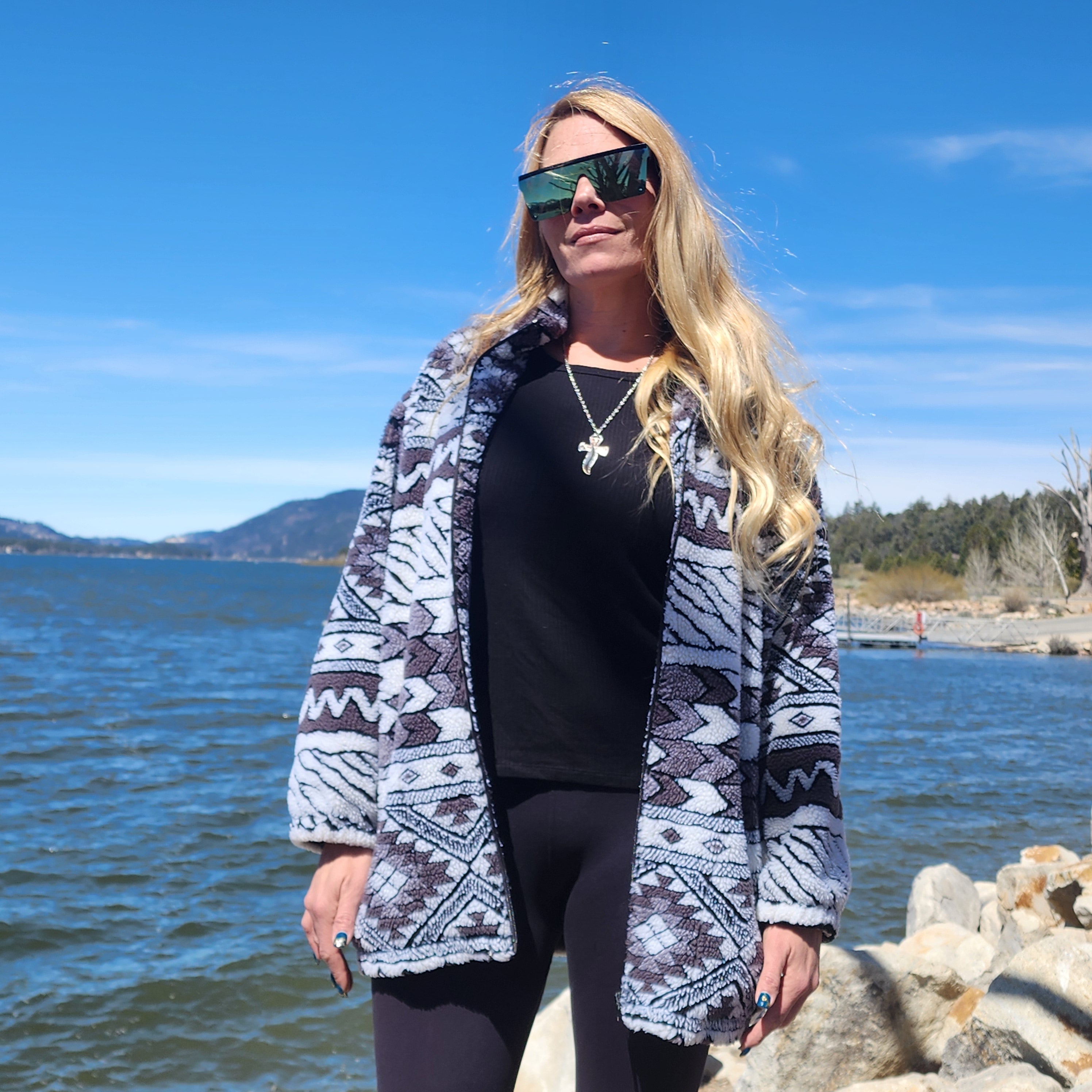 Seasons Aztec Pattern Black and White Fleece Zip Up jacket