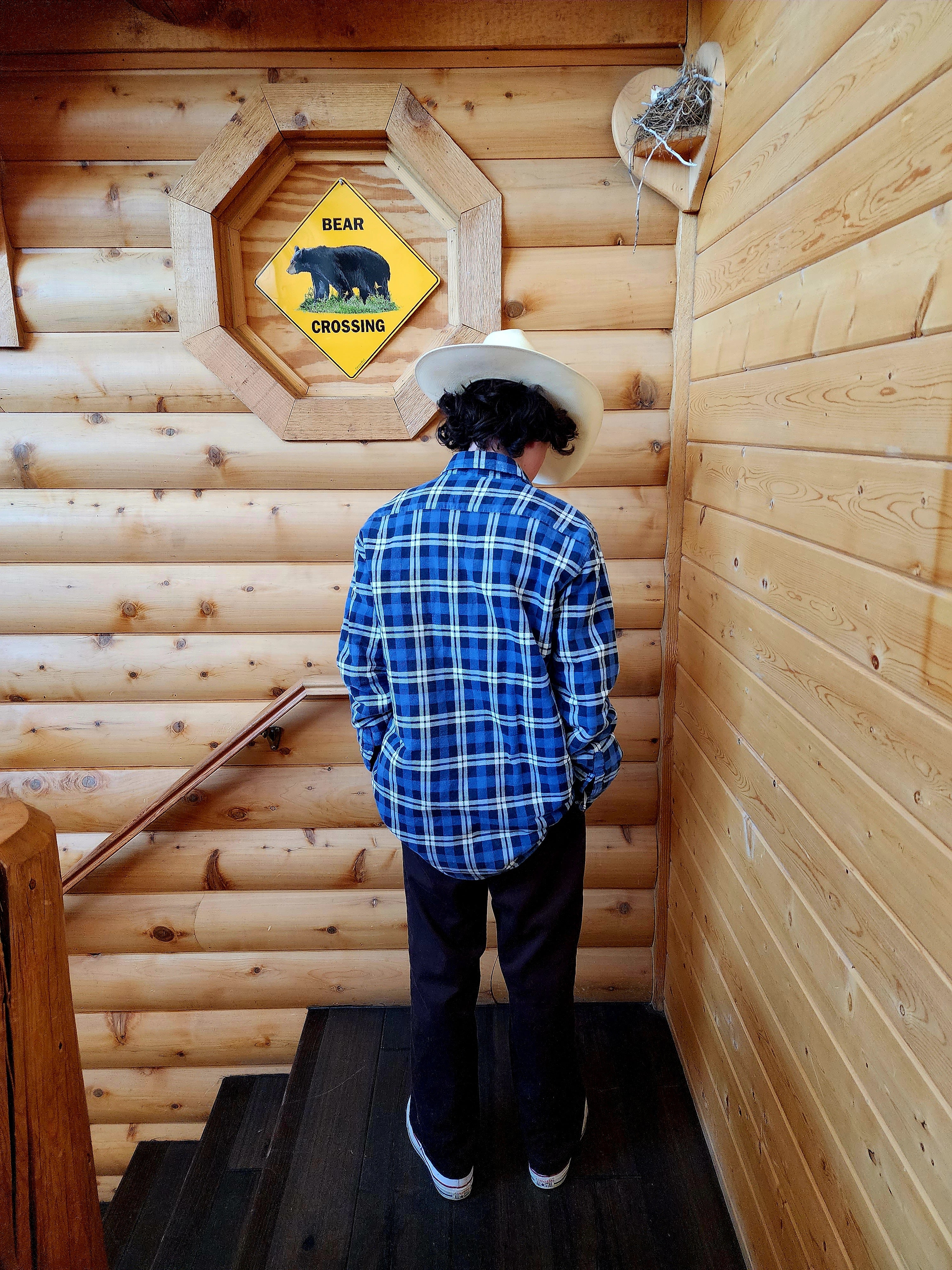Outdoor Exchange Blue, Black, and White Plaid