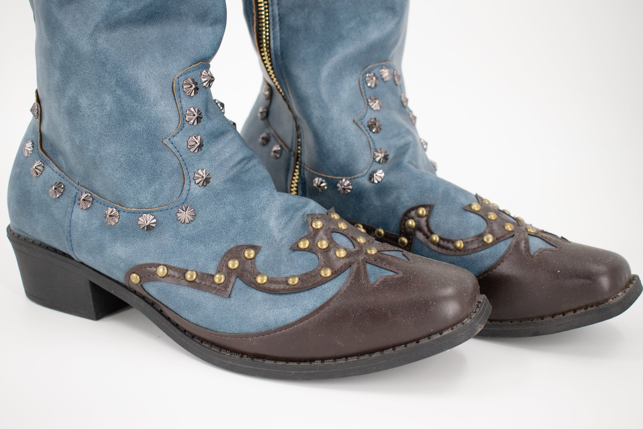 Knee-High Studded Blue/Black Leather Cowboy Boots Size