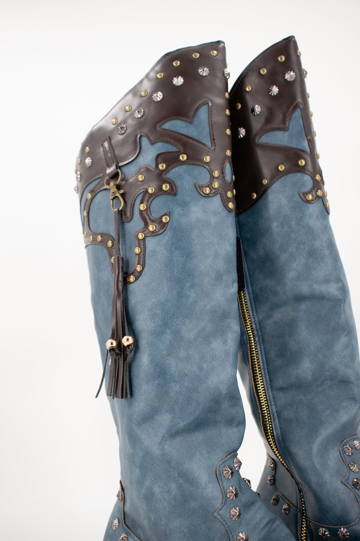 Knee-High Studded Blue/Black Leather Cowboy Boots Size