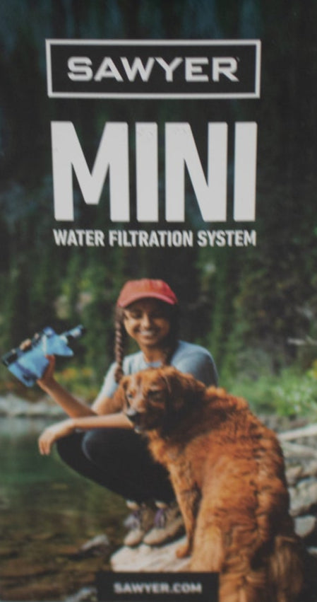 Sawyer MINI portable water filtration system in original retail packaging, capable of filtering up to 100,000 gallons of freshwater for hiking, camping, backpacking, emergency preparedness, and survival use.