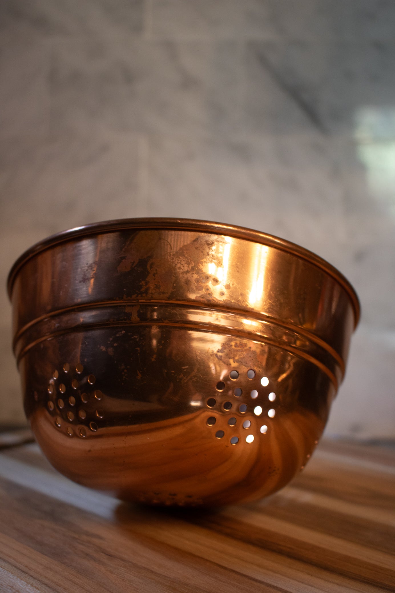 Vintage Solid Copper Water Strainer Colander with Solid Brass Handle 6" Diameter