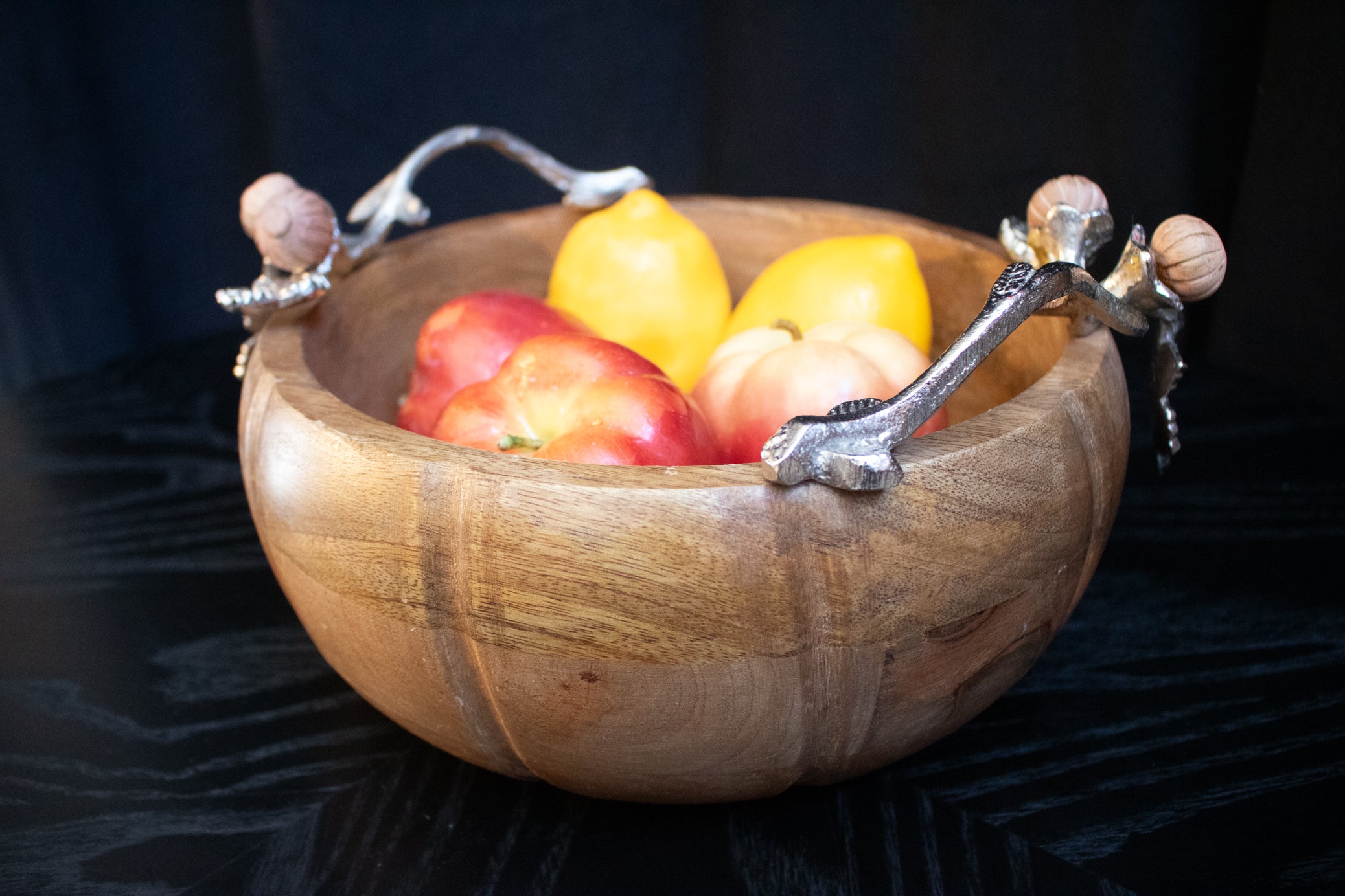 Acorn & Oak Harvest Collection Hand Crafted Wood Pumpkin Bowl with Silver Leaf Handles 10" x 4.5"
