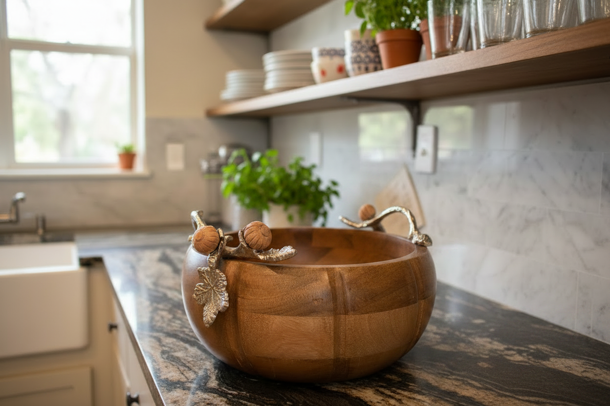 Acorn & Oak Harvest Collection Hand Crafted Wood Pumpkin Bowl with Silver Leaf Handles 10" x 4.5"