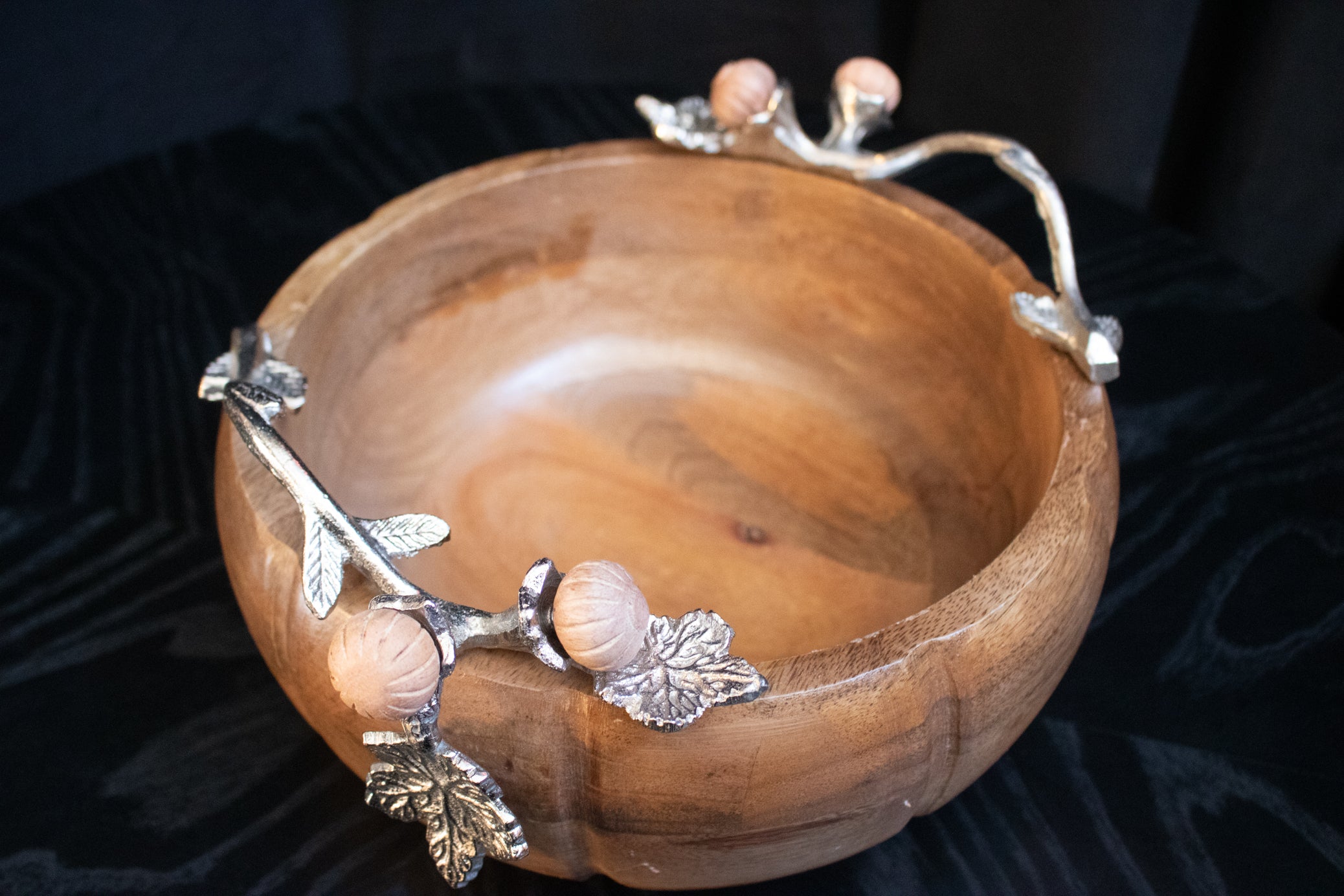 Acorn & Oak Harvest Collection Hand Crafted Wood Pumpkin Bowl with Silver Leaf Handles 10" x 4.5"