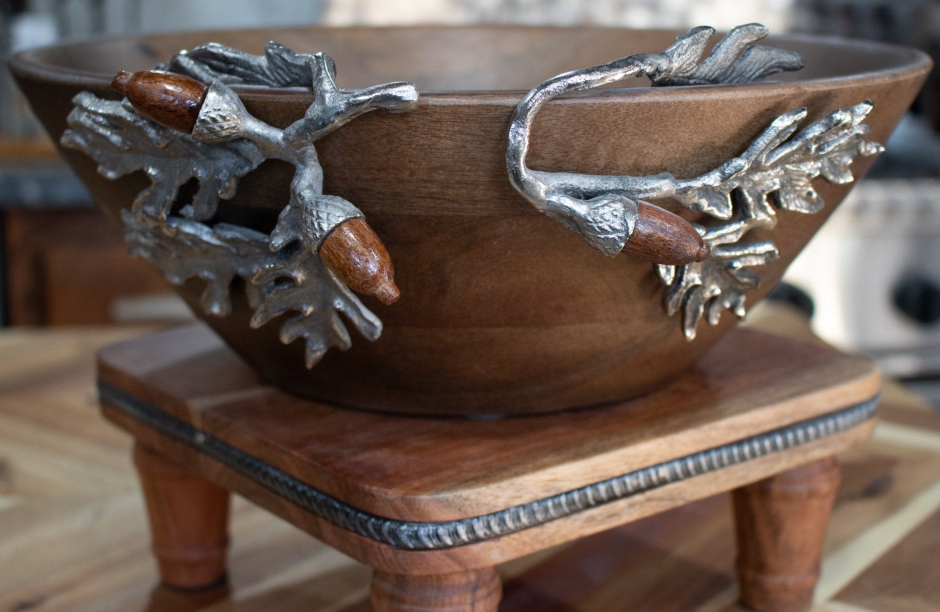 Acorn & Oak Harvest Collection Handcrafted Large Wood Bowl with Silver Leaf Handles 13" x 4.5"