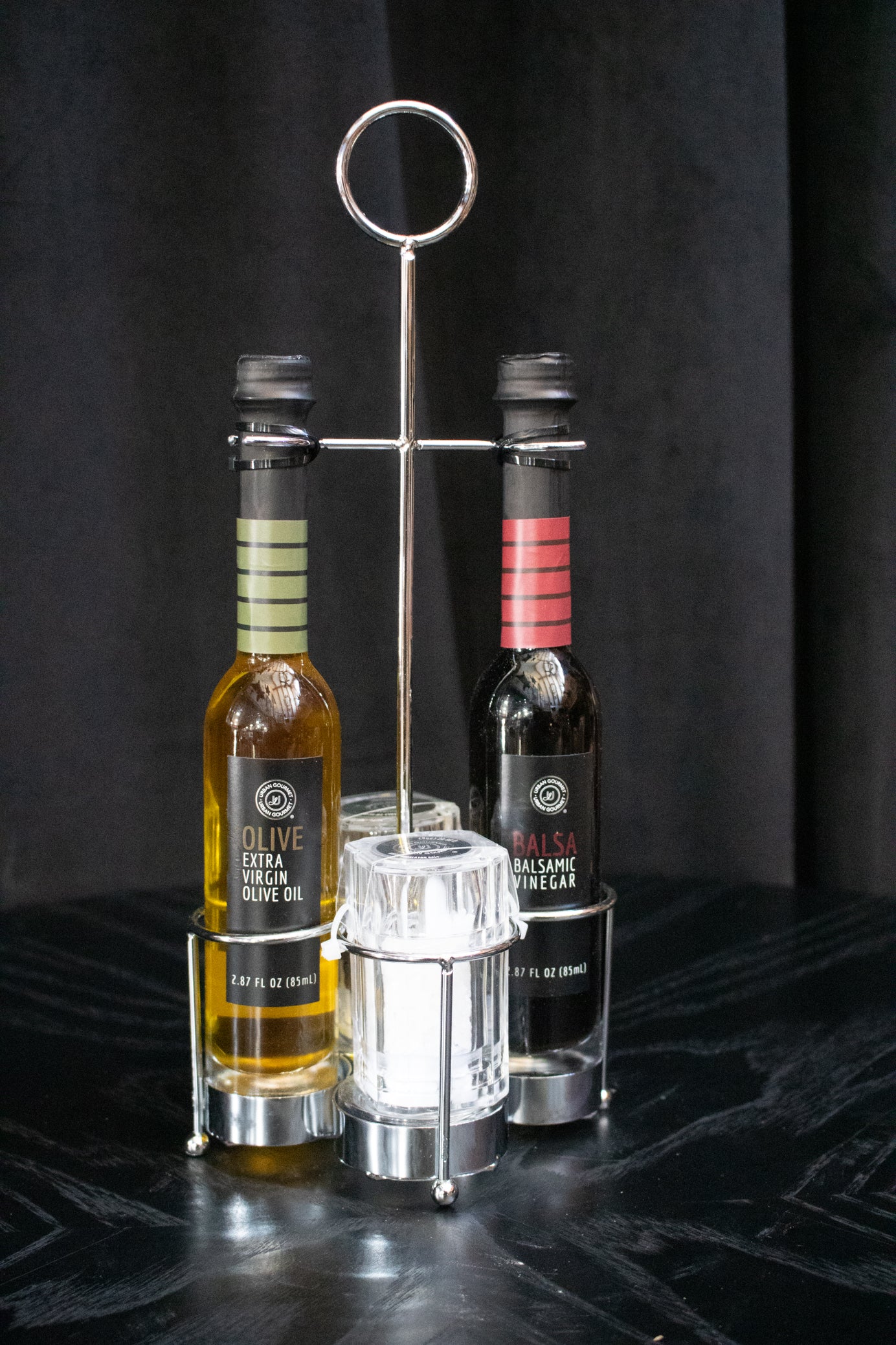 Urban Gourmet Olive Oil, Balsamic Vinegar, Salt & Pepper Table Stand Set with 2.78 fl oz Bottles 12.5" x 6"