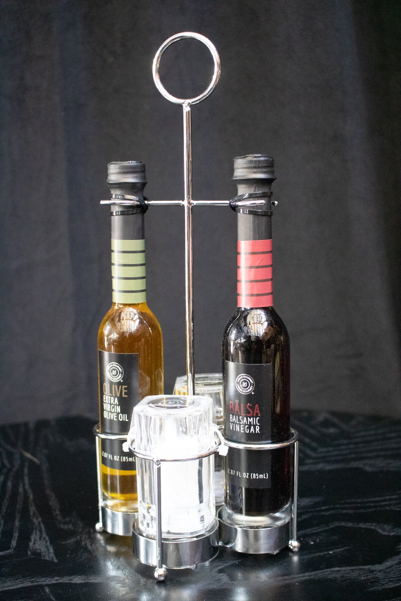 Urban Gourmet Olive Oil, Balsamic Vinegar, Salt & Pepper Table Stand Set with 2.78 fl oz Bottles 12.5" x 6"