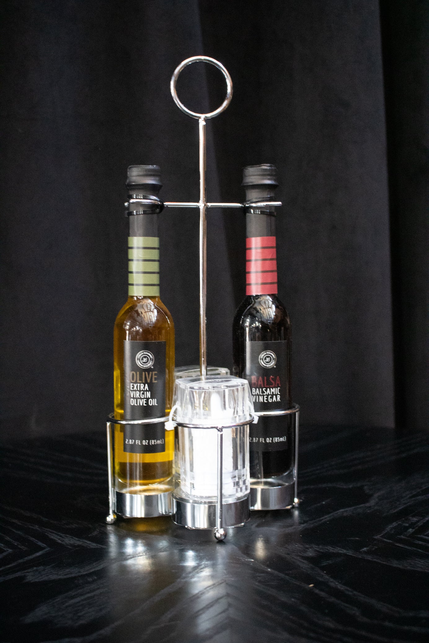 urban gourmet olive oil balsamic vinegar salt and pepper tabletop condiment stand with chrome organizer and 2.78 fl oz glass bottles