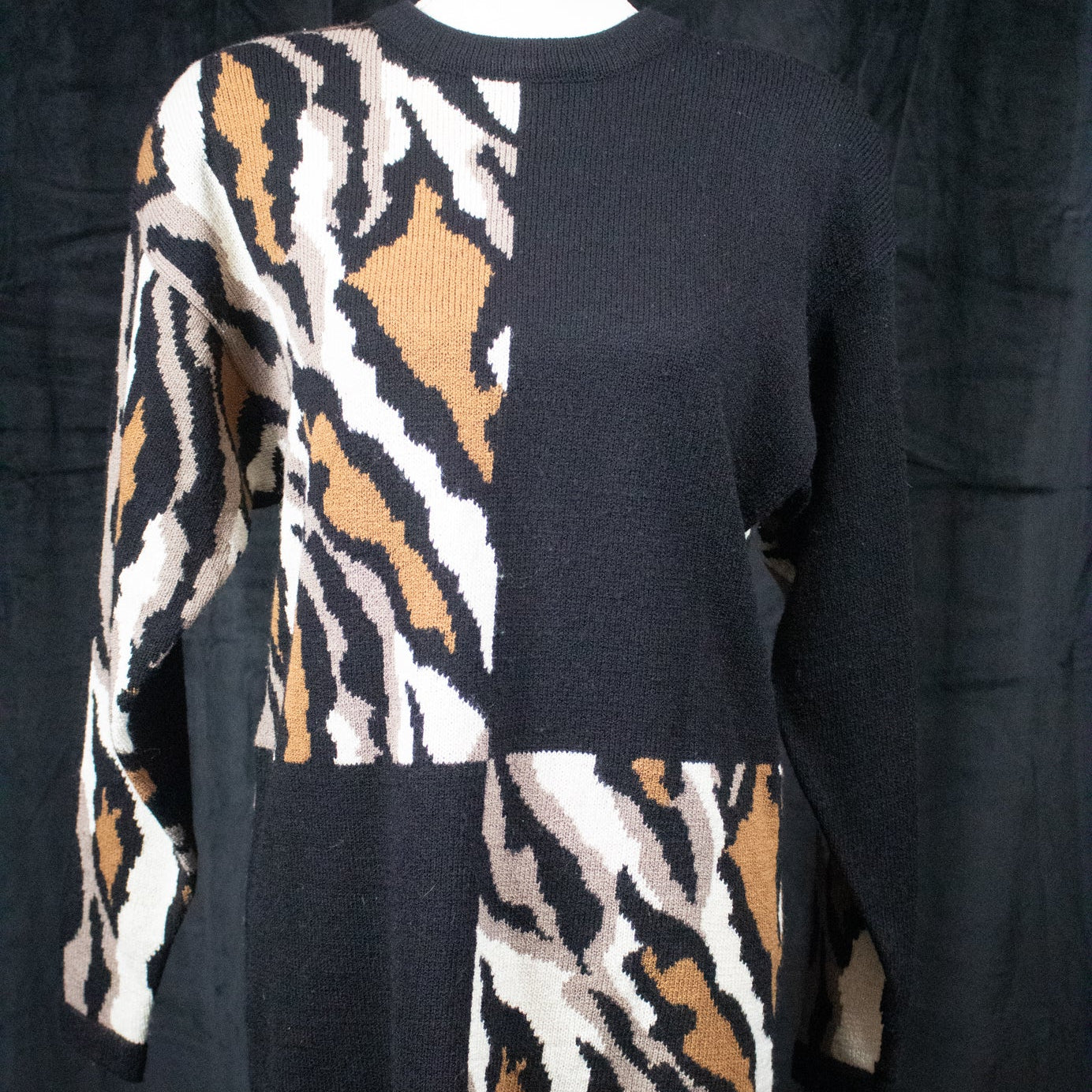 Anne Crimmins For Umi Collections Black/Brown/Tan/White Print Sweater Dress
