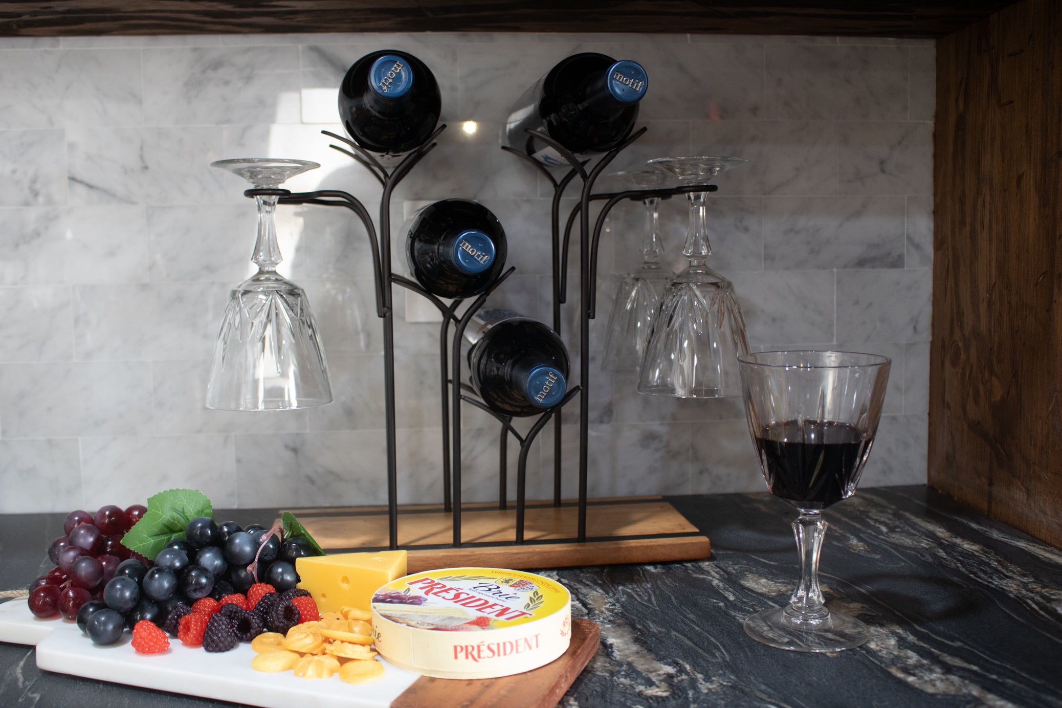 Rustic Wine Bottle & Stemware Holder Rack with Wood Base 13.5" x 6.5"