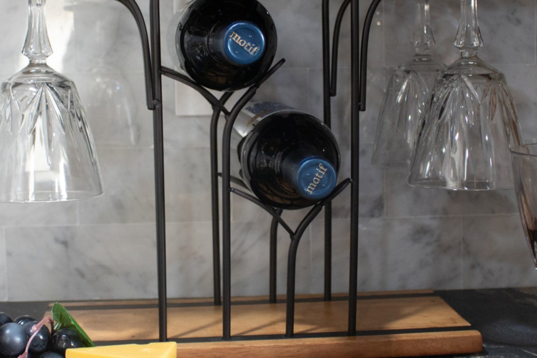 Rustic Wine Bottle & Stemware Holder Rack with Wood Base 13.5" x 6.5"