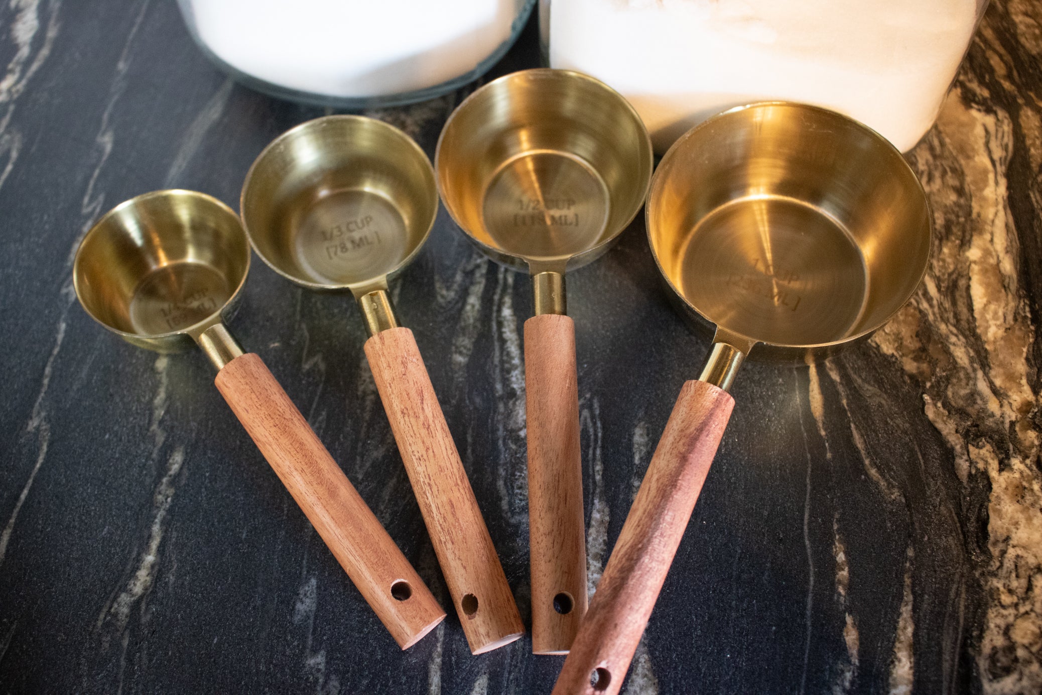 Brass Measuring Cups with Wooden Handles