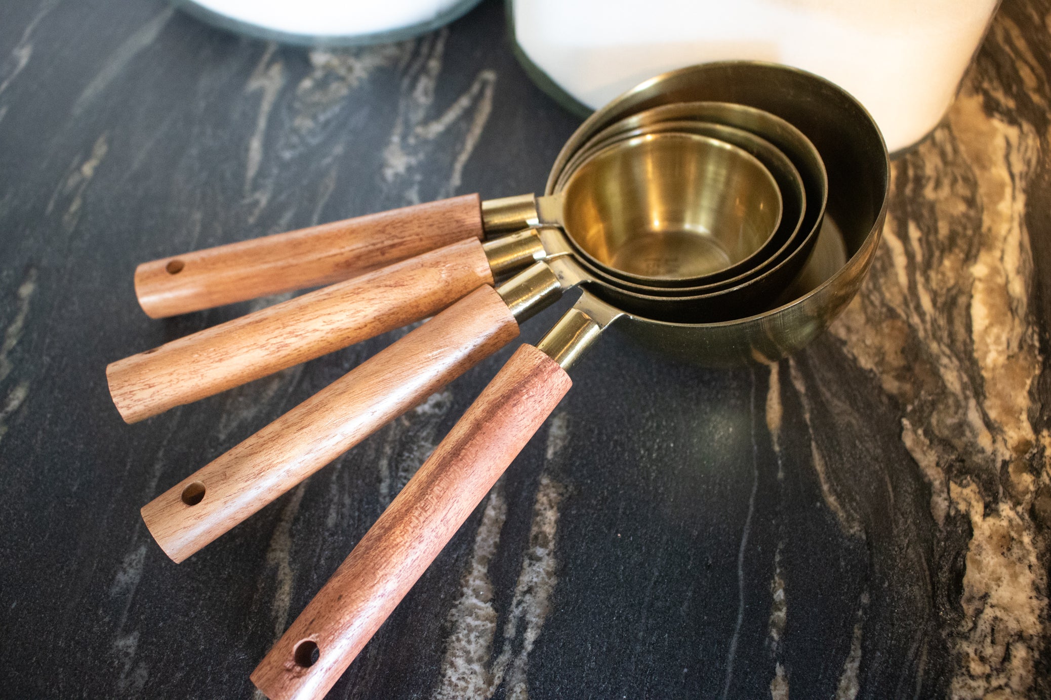 Brass Measuring Cups with Wooden Handles