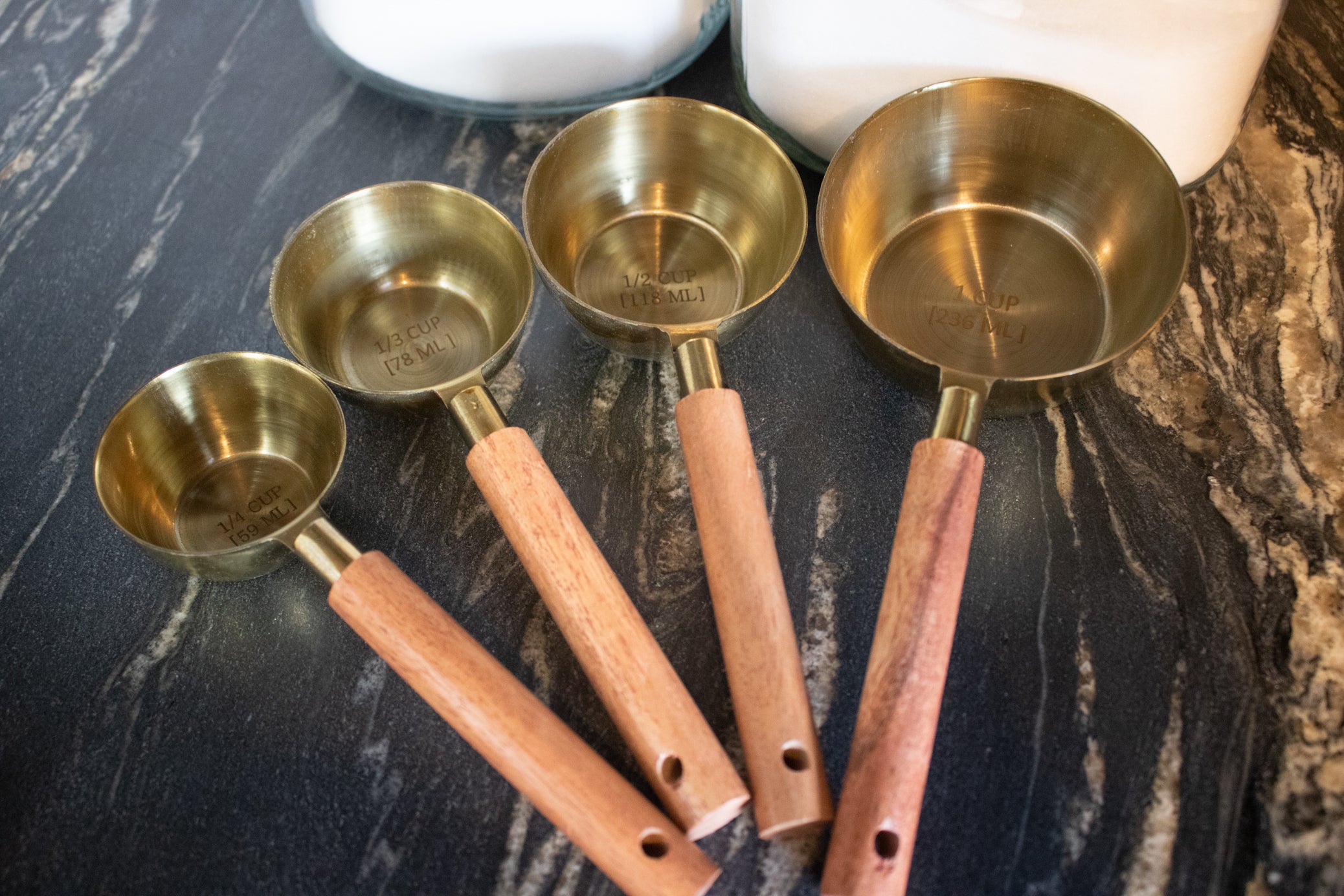Brass Measuring Cups with Wooden Handles
