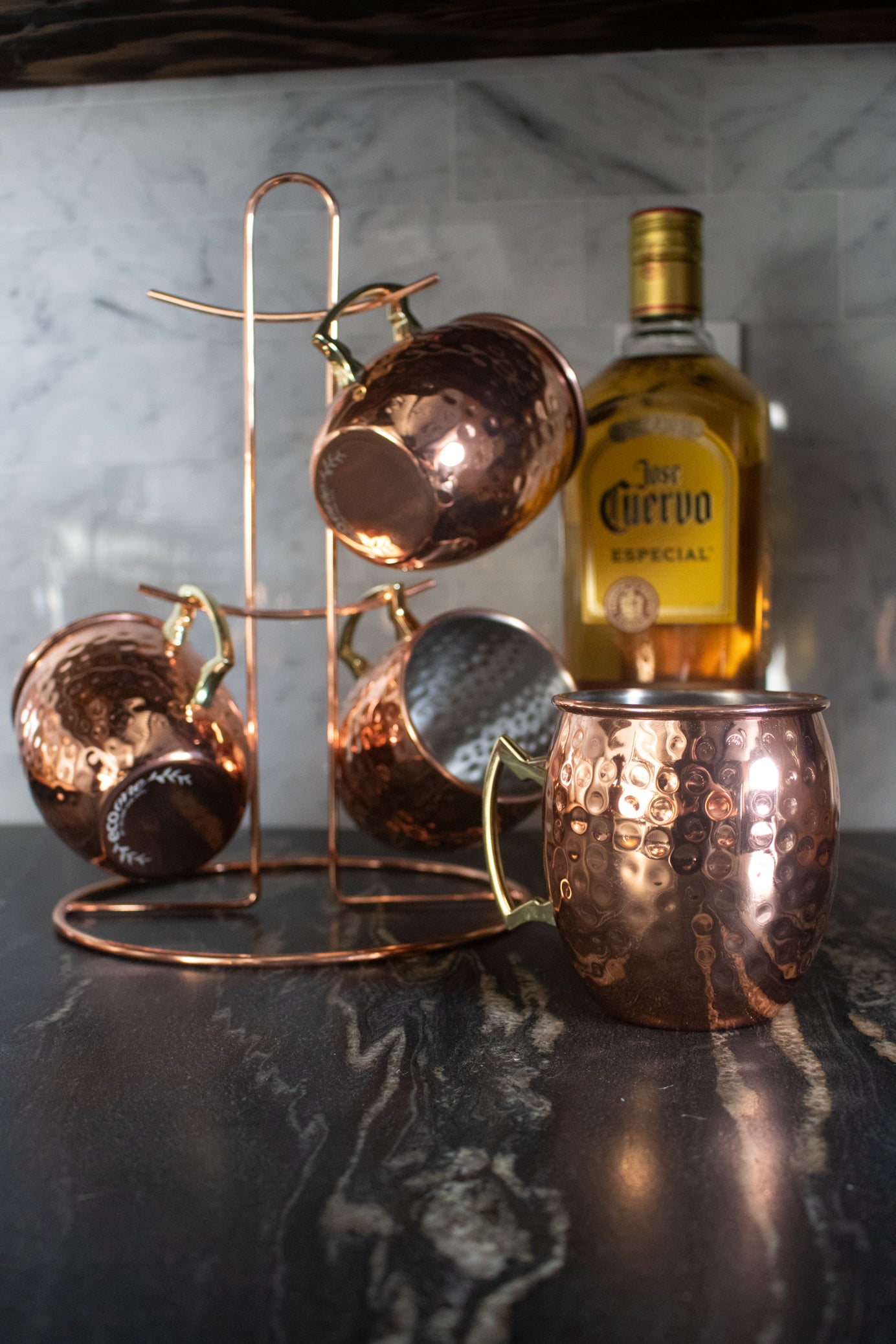 Moscow Mule 5 Piece Copper Cups w/ Decortive Display Stand Set